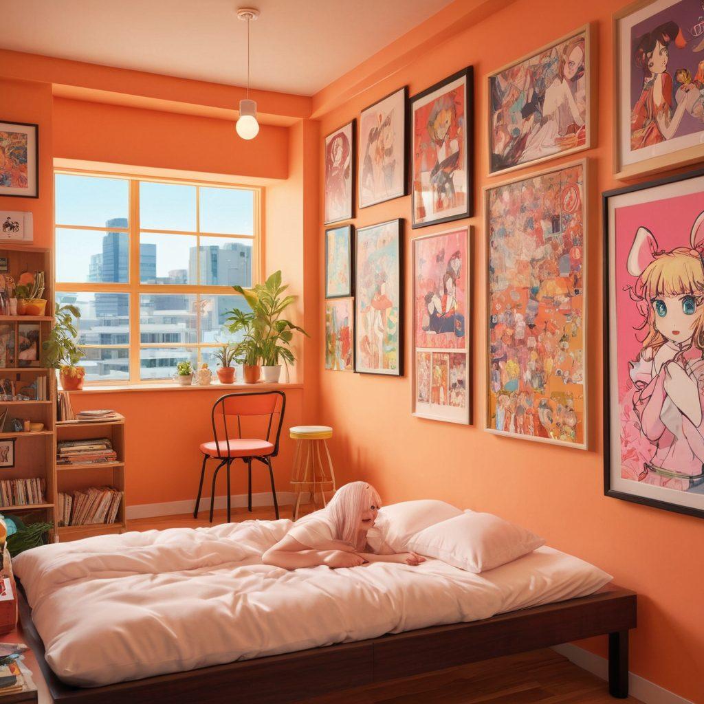 A whimsical and provocative illustration showing an art gallery filled with lewd manga and explicit anime material on the walls. The atmosphere is playful yet suggestive, featuring characters from different genres peeking out playfully. Incorporate soft lighting and a few curious characters exploring the gallery, showcasing diverse reactions. The background should include whimsical decorations that hint at the anime culture. vibrant colors. 3D. cartoon style.
